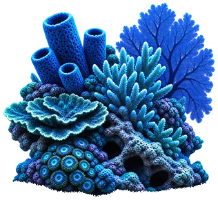 A tall coral colony with blue tube sponges, bubble coral and sea whips