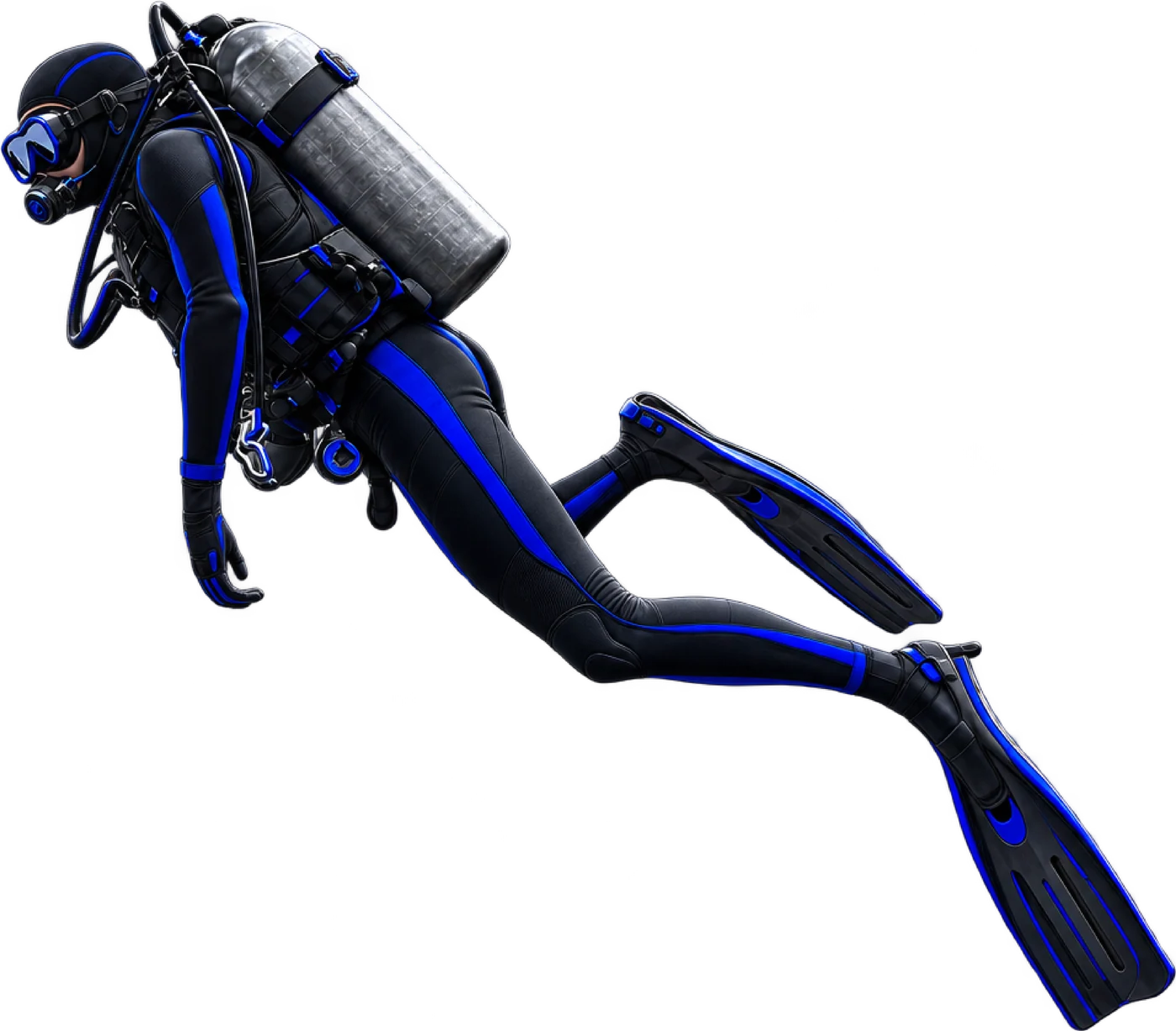 A scuba diver in a black and blue suit, swimming downward