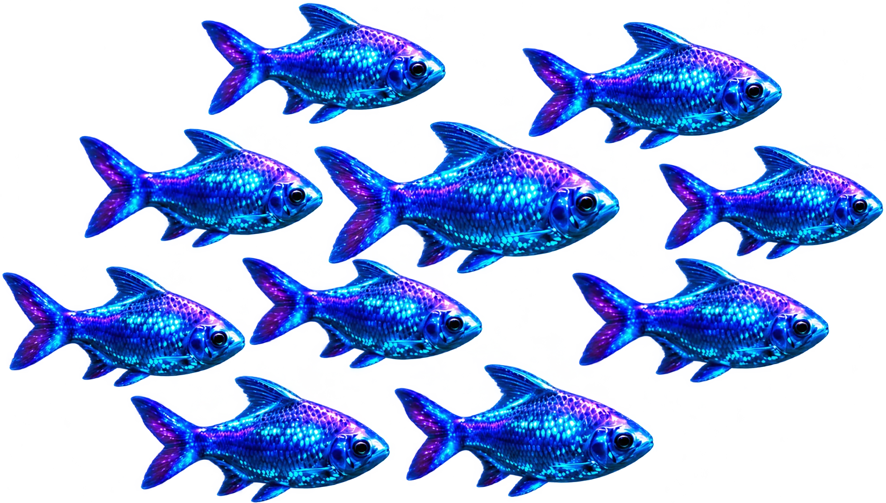 A school of luminous blue and violet fish swimming as one