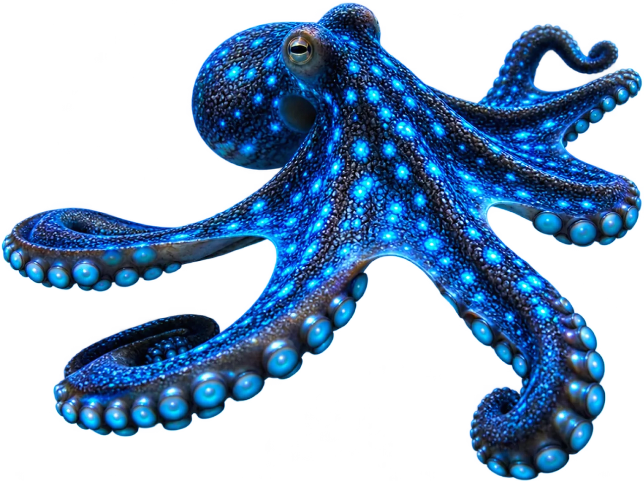 A deep blue octopus covered in glowing cyan spots, with pale blue suckers and its arms spread wide